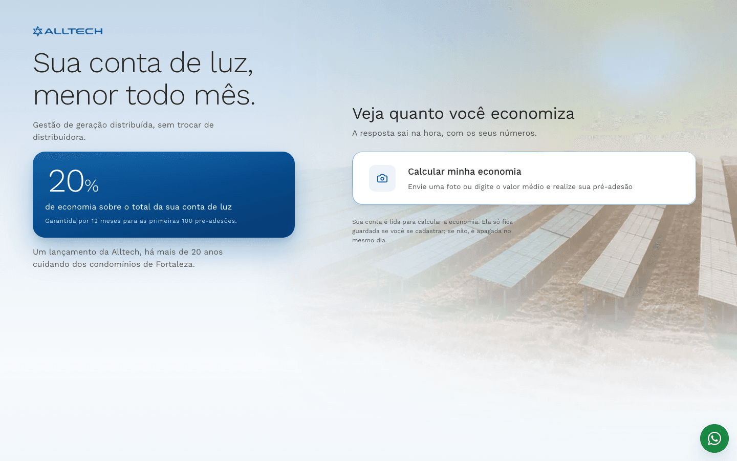EnergyHub com a marca da Alltech Energia, página pública com 20% de economia na conta de luz e o atalho para calcular a economia