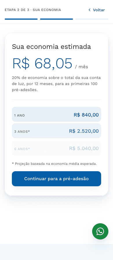EnergyHub no celular, resultado da simulação com a economia estimada por mês, a projeção em um, três e seis anos e o botão para seguir à pré-adesão
