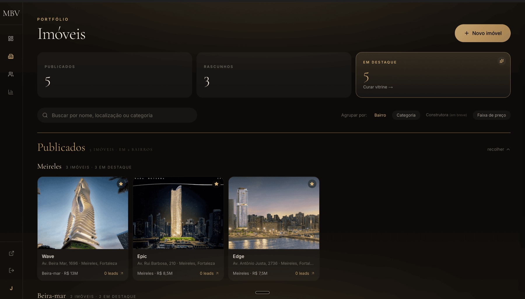 Plataforma imobiliária, painel interno de imóveis com publicados, rascunhos e destaques da vitrine